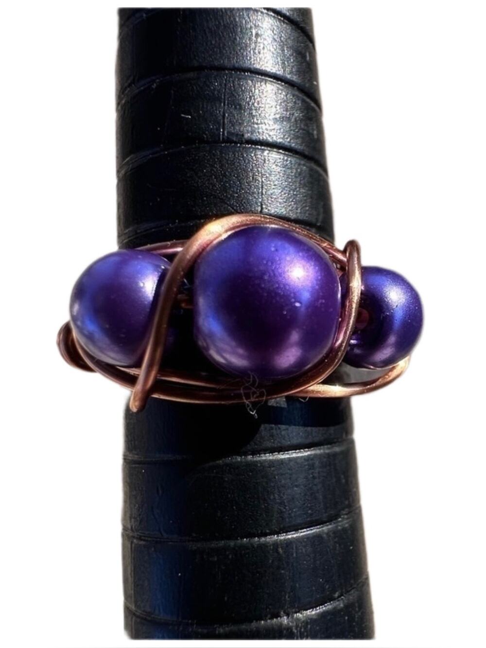 Handmade purple faux pearl copper ring